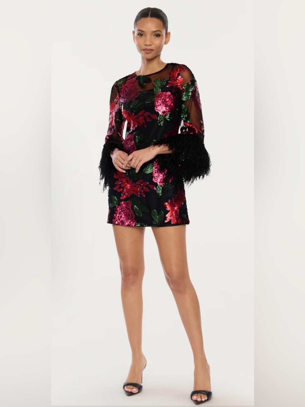 Likely Augustina Black Sequin Floral Mini Dress with Feather Trim Size 2